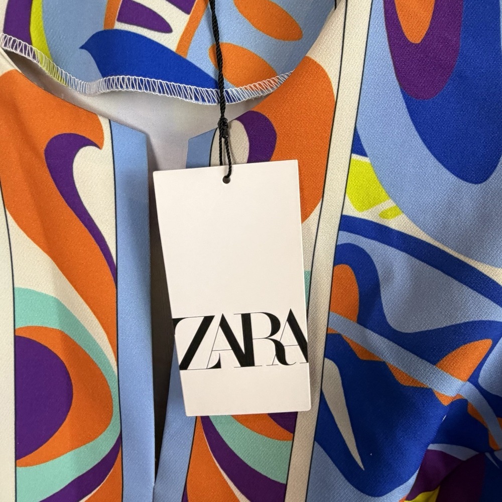 ZARA NWT Mod Psychedelic Print Sleeveless Mini Dress S Blue Orange Purple - Picture 4 of 10